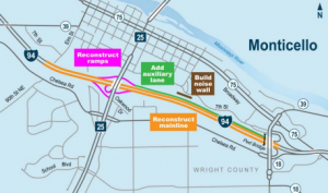 An overview of the I-94 construction project in Monticello, which will tie up traffic for much of this year's construction season. (MnDOT graphic)