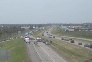 A MNDot Traffic Cam screen grab of the accident at Interstate 94, just east of the County 19 exit. Traffic, in the background, can be seen being diverted off the freeway as officials closed off the road. 